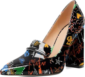 Esvowido Women's Chunky Heel Loafer Pumps with Trim High Block Heels Slip on Dress Shoes for Wedding Party Casual