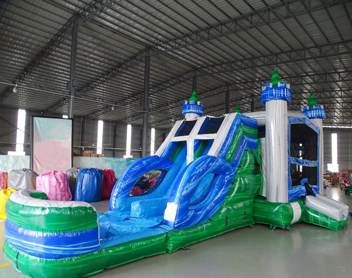 Euro Green Castle Dual Lane Bounce House with Slide (Wet/Dry)