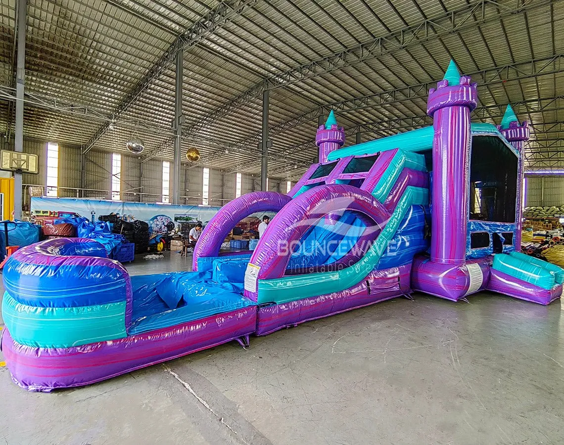 Euro Teal Purple Plunge Dual Lane Bounce House with Slide (Wet/Dry)