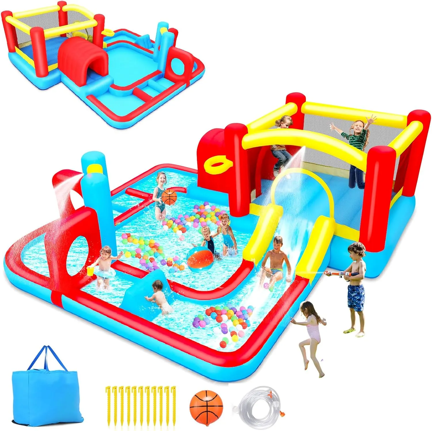 Extra Large Inflatable Obstacle Bounce House Water Park - 9-in-1 Kids Backyard Play Center with Splash Slide, Basketball Hoop, Ball Pit (172"x172"x63")| Heavy-Duty Blower, Bag (14.3 FT x No Blower)