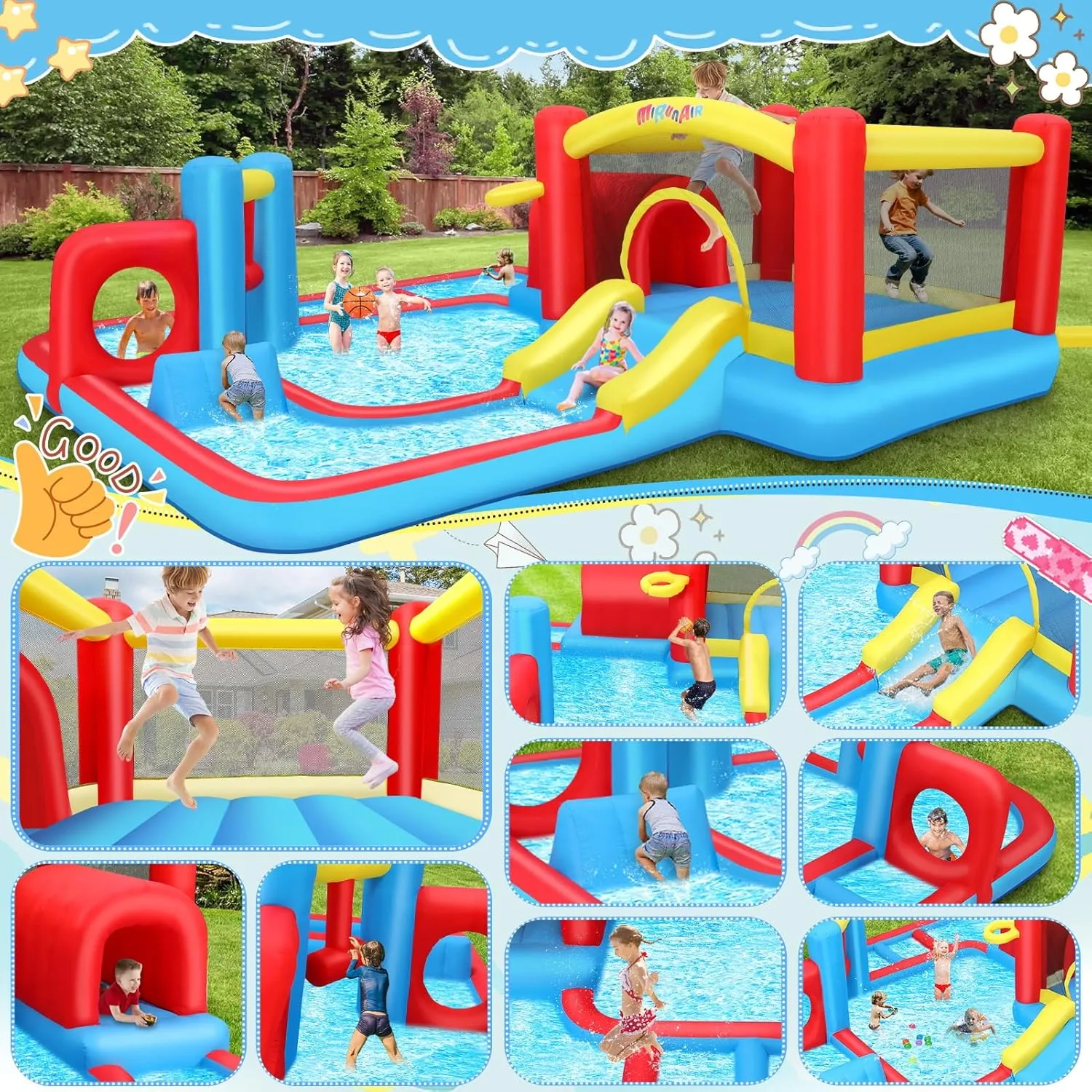 Extra Large Inflatable Obstacle Bounce House Water Park - 9-in-1 Kids Backyard Play Center with Splash Slide, Basketball Hoop, Ball Pit (172"x172"x63")| Heavy-Duty Blower, Bag (14.3 FT x No Blower)