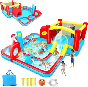 Extra Large Inflatable Obstacle Bounce House Water Park - 9-in-1 Kids Backyard Play Center with Splash Slide, Basketball Hoop, Ball Pit (172"x172"x63")| Heavy-Duty Blower, Bag (14.3 FT x No Blower)