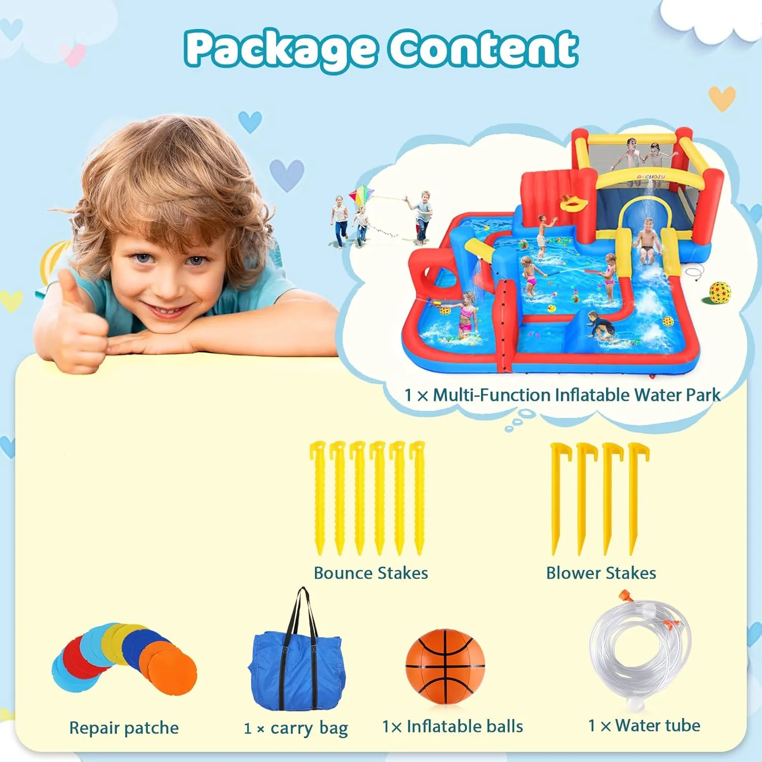 Extra Large Inflatable Obstacle Bounce House Water Park - 9-in-1 Kids Backyard Play Center with Splash Slide, Basketball Hoop, Ball Pit (172"x172"x63")| Heavy-Duty Blower, Bag (14.3 FT x No Blower)