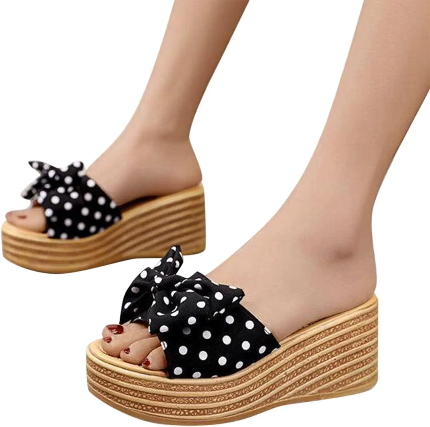 Fashion Summer Women Sandals Wedge Heel Platform Ribbon Bow Polka Dot Casual Close Toe Heels Stylish Open Espadrilles Classic Beach Slide Mules Black Shoes Studded Flat Slip on Mule Slides