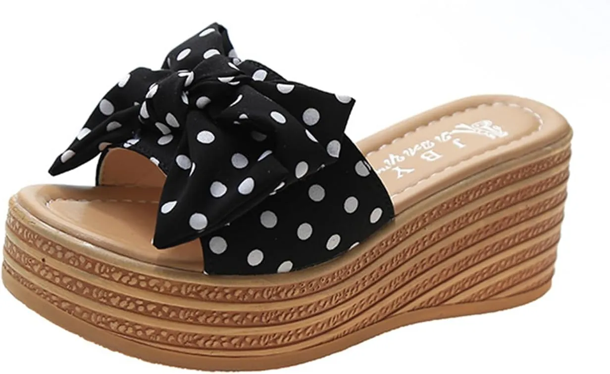 Fashion Summer Women Sandals Wedge Heel Platform Ribbon Bow Polka Dot Casual Close Toe Heels Stylish Open Espadrilles Classic Beach Slide Mules Black Shoes Studded Flat Slip on Mule Slides