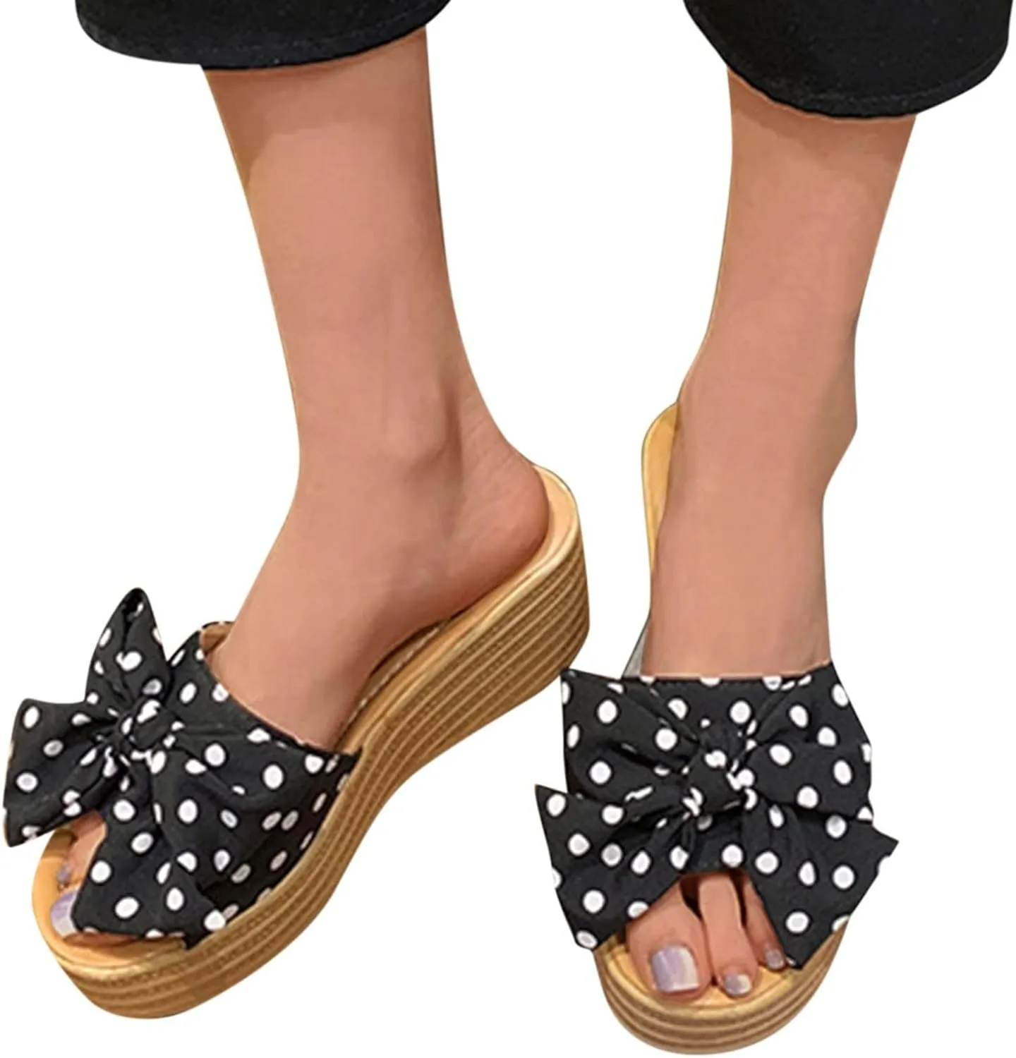 Fashion Summer Women Sandals Wedge Heel Platform Ribbon Bow Polka Dot Casual Close Toe Heels Stylish Open Espadrilles Classic Beach Slide Mules Black Shoes Studded Flat Slip on Mule Slides