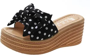 Fashion Summer Women Sandals Wedge Heel Platform Ribbon Bow Polka Dot Casual Close Toe Heels Stylish Open Espadrilles Classic Beach Slide Mules Black Shoes Studded Flat Slip on Mule Slides