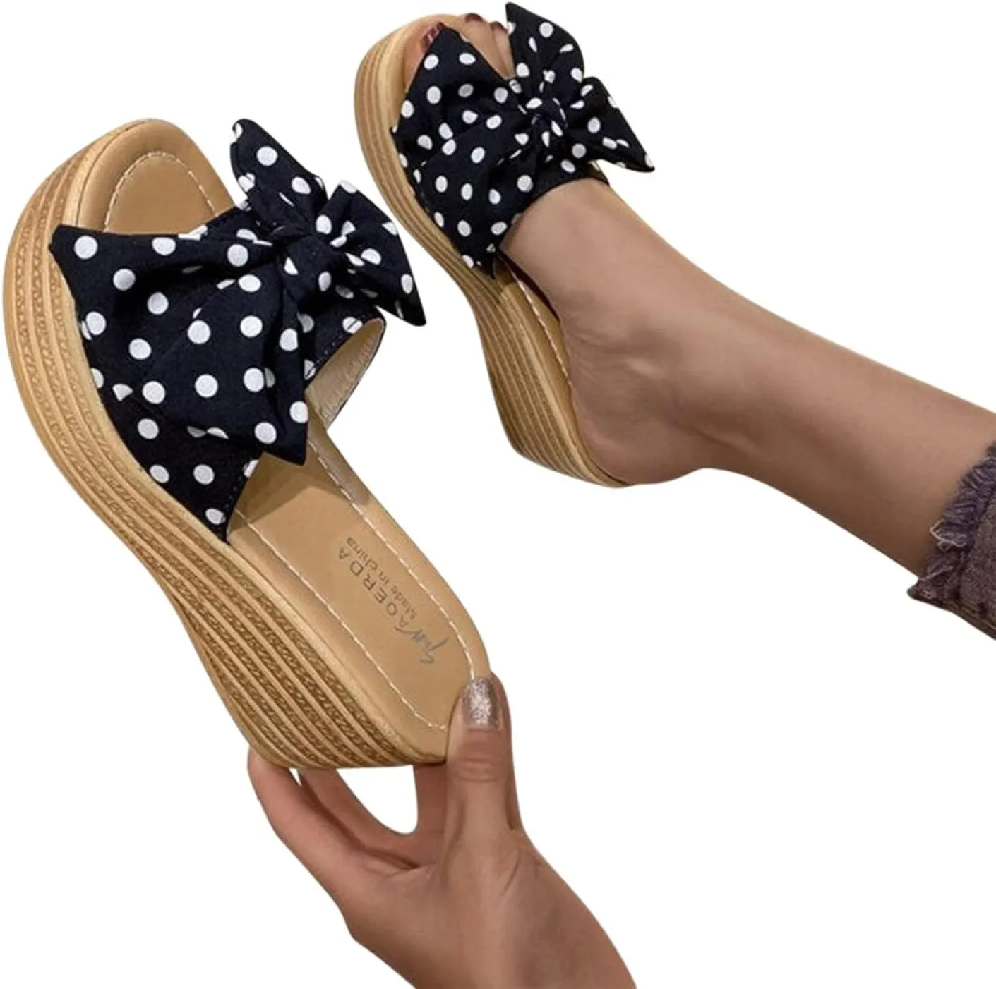 Fashion Summer Women Sandals Wedge Heel Platform Ribbon Bow Polka Dot Casual Close Toe Heels Stylish Open Espadrilles Classic Beach Slide Mules Black Shoes Studded Flat Slip on Mule Slides