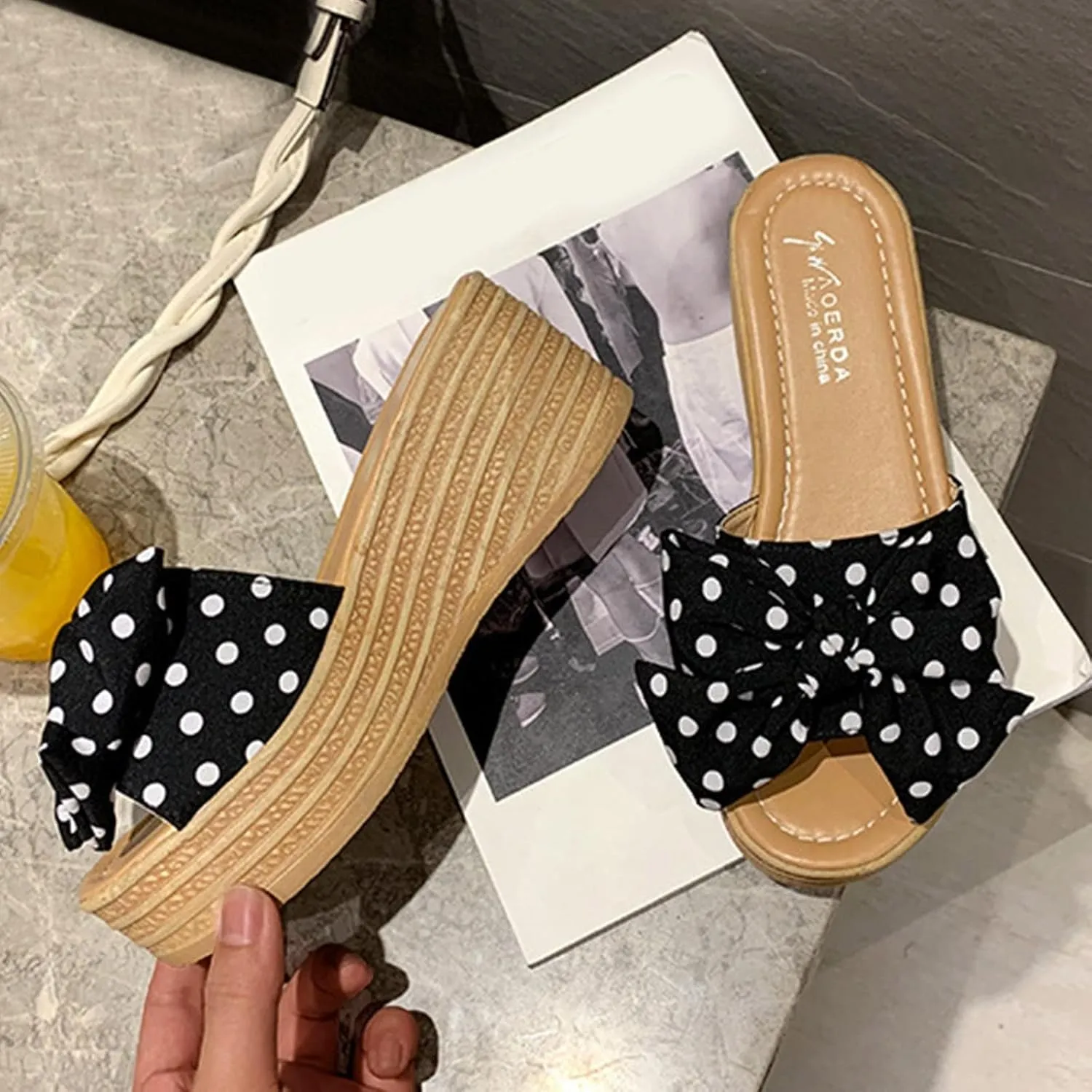 Fashion Summer Women Sandals Wedge Heel Platform Ribbon Bow Polka Dot Casual Close Toe Heels Stylish Open Espadrilles Classic Beach Slide Mules Black Shoes Studded Flat Slip on Mule Slides