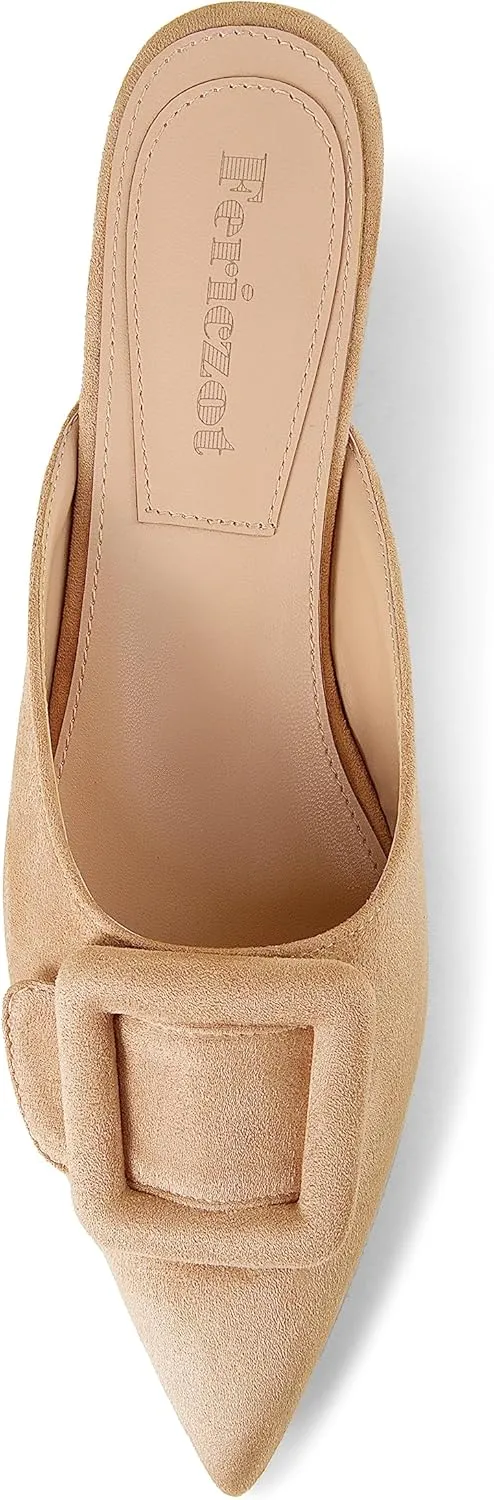 Fericzot Mule Slippers for Women,Slingback Buckle Flat Pointed Toe Backless Mule Slides Suede Slip On Loafers