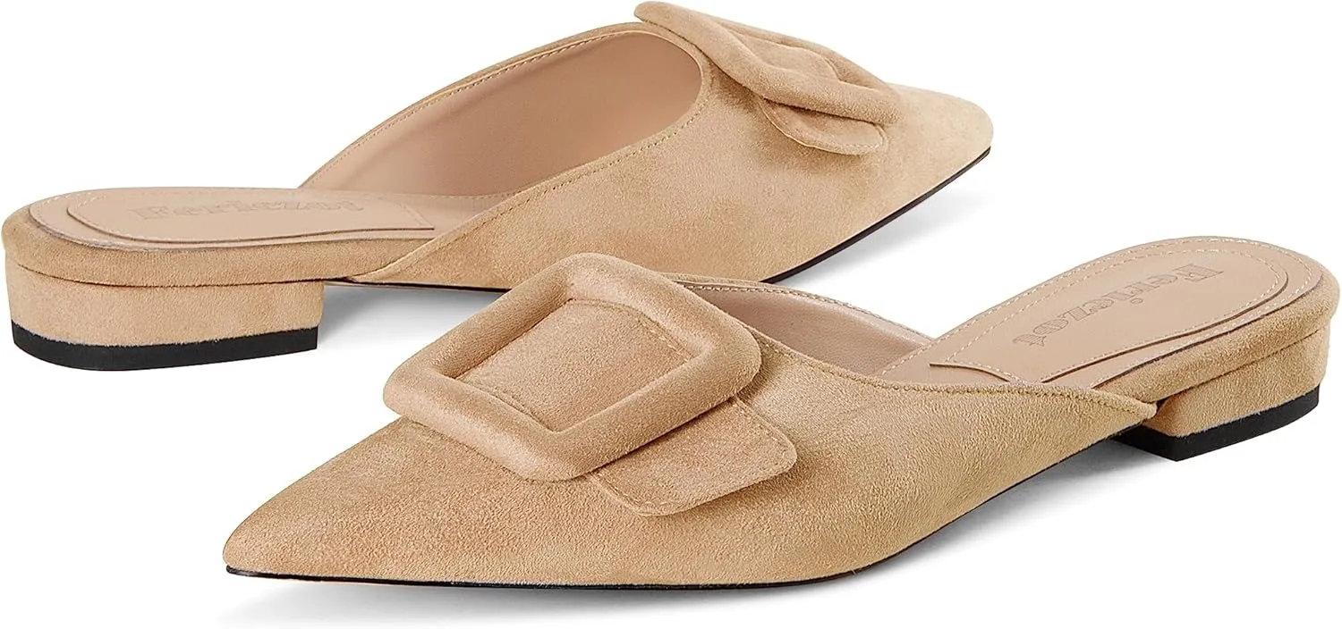 Fericzot Mule Slippers for Women,Slingback Buckle Flat Pointed Toe Backless Mule Slides Suede Slip On Loafers