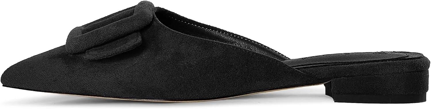 Fericzot Mule Slippers for Women,Slingback Buckle Flat Pointed Toe Backless Mule Slides Suede Slip On Loafers