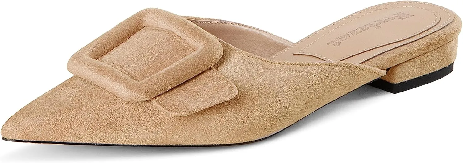 Fericzot Mule Slippers for Women,Slingback Buckle Flat Pointed Toe Backless Mule Slides Suede Slip On Loafers