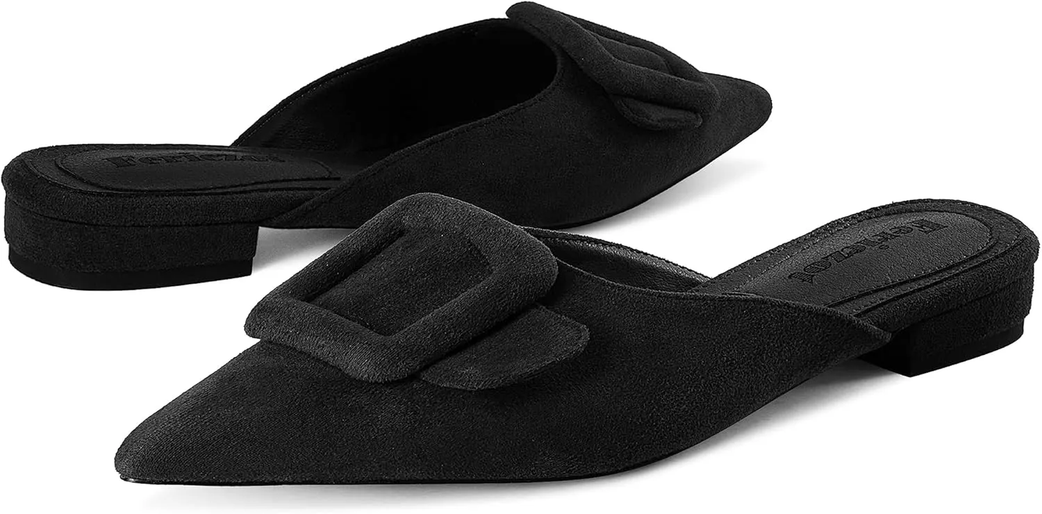 Fericzot Mule Slippers for Women,Slingback Buckle Flat Pointed Toe Backless Mule Slides Suede Slip On Loafers