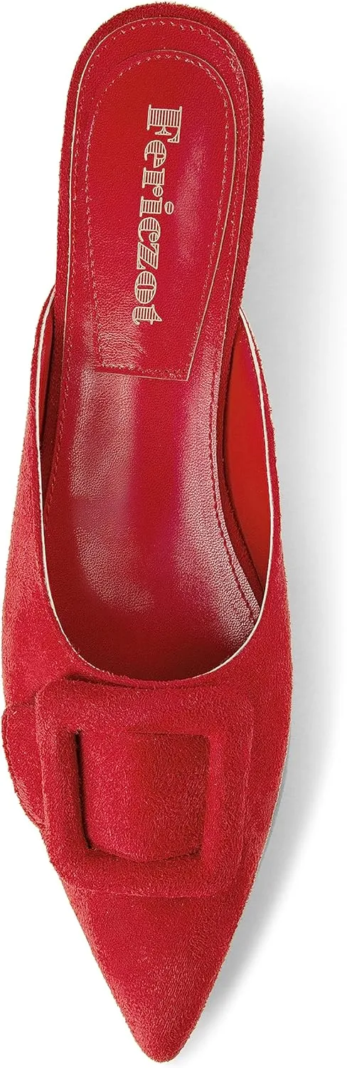 Fericzot Mule Slippers for Women,Slingback Buckle Flat Pointed Toe Backless Mule Slides Suede Slip On Loafers