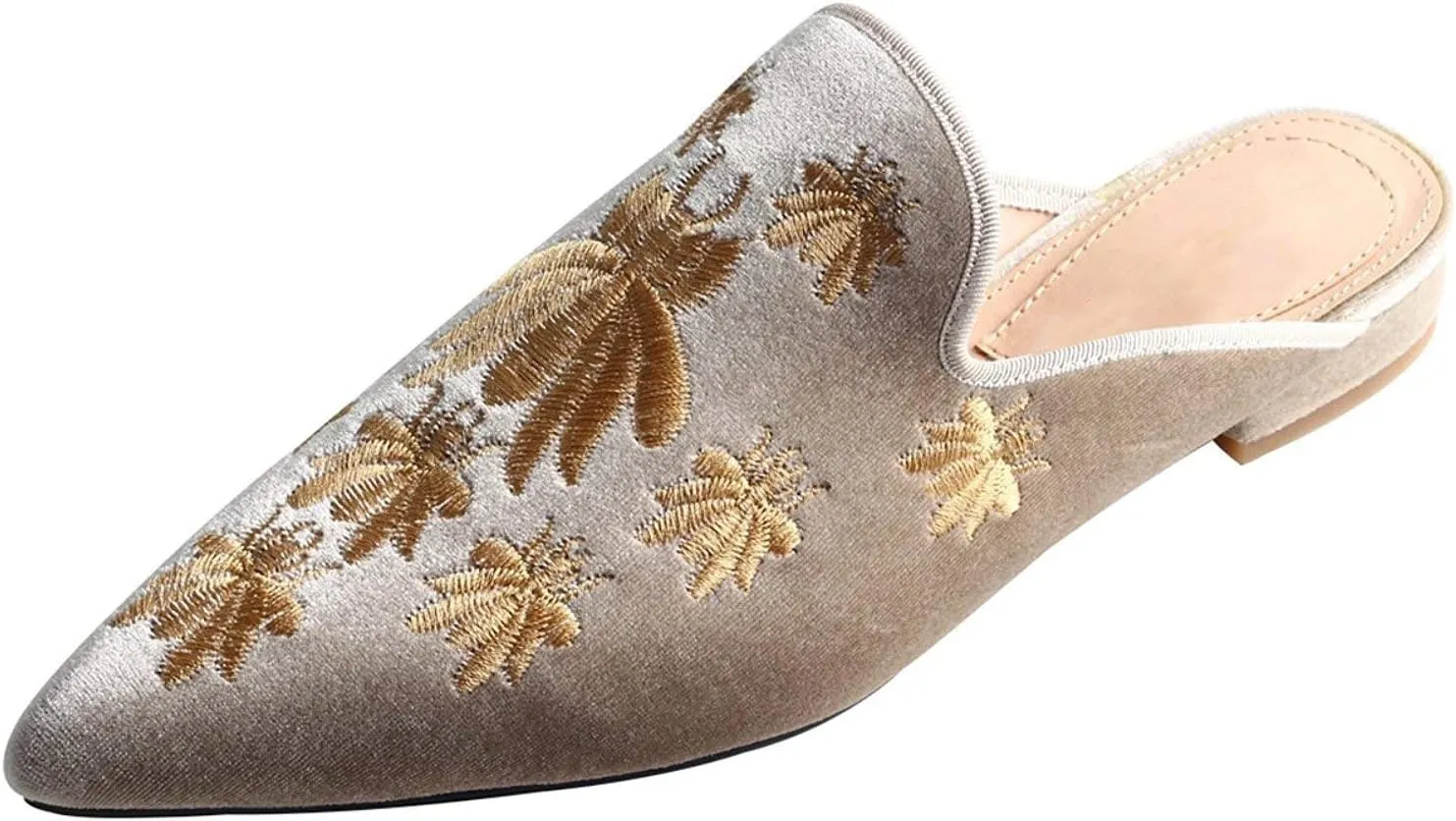 Fericzot Women's Velvet Backless Pointed Toe Slip On Loafers Flats Embroidery Mule Slippers Shoes