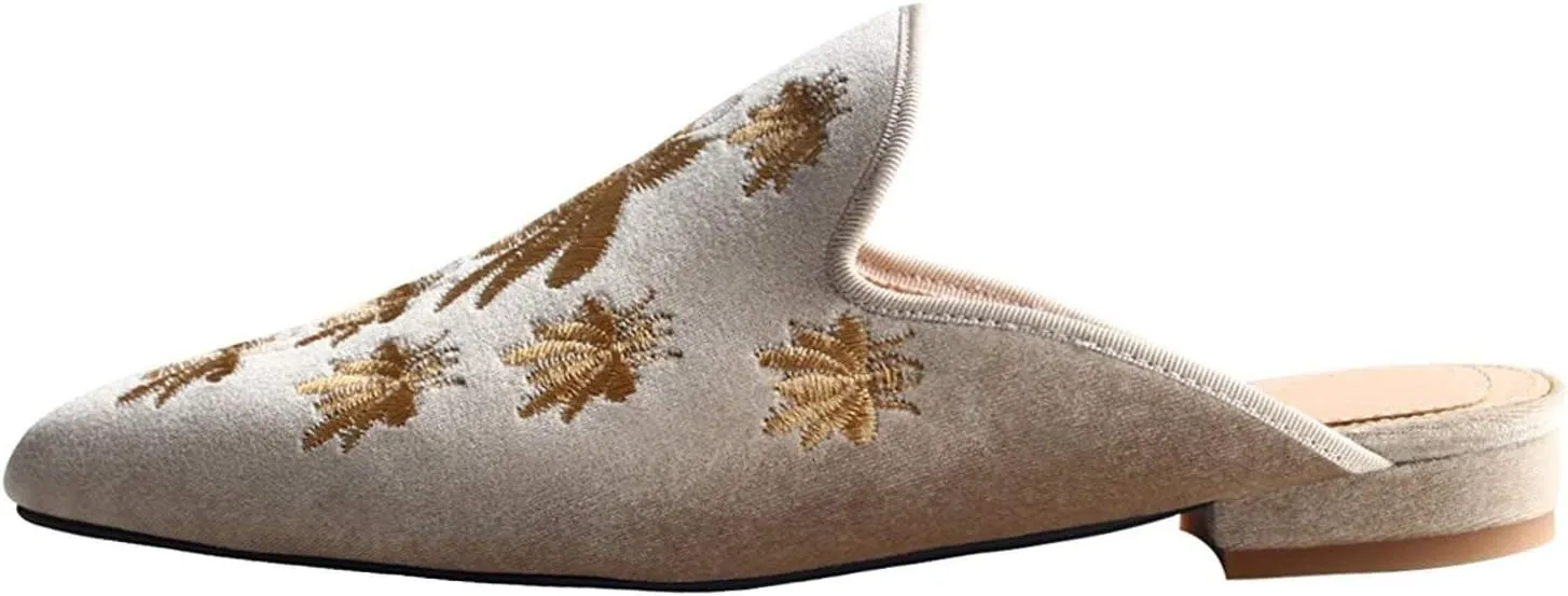 Fericzot Women's Velvet Backless Pointed Toe Slip On Loafers Flats Embroidery Mule Slippers Shoes