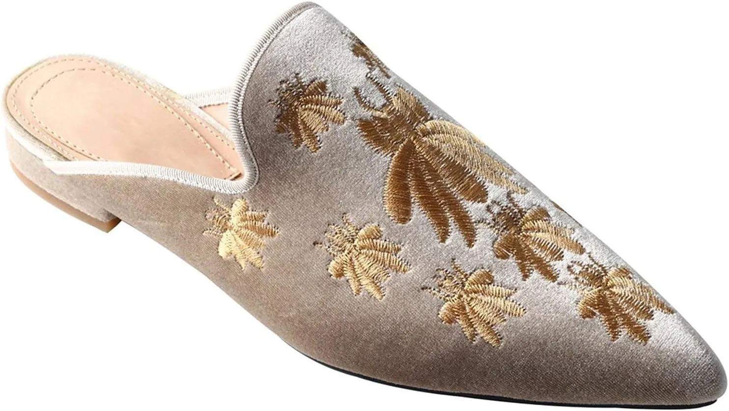 Fericzot Women's Velvet Backless Pointed Toe Slip On Loafers Flats Embroidery Mule Slippers Shoes
