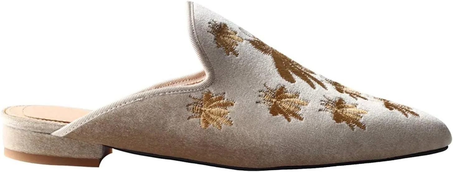 Fericzot Women's Velvet Backless Pointed Toe Slip On Loafers Flats Embroidery Mule Slippers Shoes