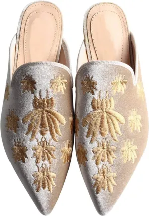 Fericzot Women's Velvet Backless Pointed Toe Slip On Loafers Flats Embroidery Mule Slippers Shoes