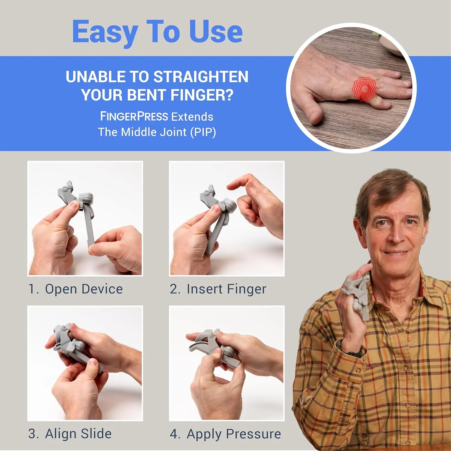 Finger Straightener | PIP Extension Orthosis/Splint For Bent Fingers, PIP Flexion Contractures | Adjustable Joint Stretcher Device | Made in USA | Gray/X-Large