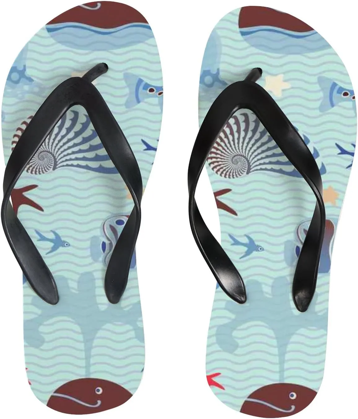 Flip Flops Fish Ocean Sea World Striped Modern Cute Blue Coral Slide Sandals Summer Beach Slippers Thong Sandal Casual Yoga Mat Flat Slides for Women Men