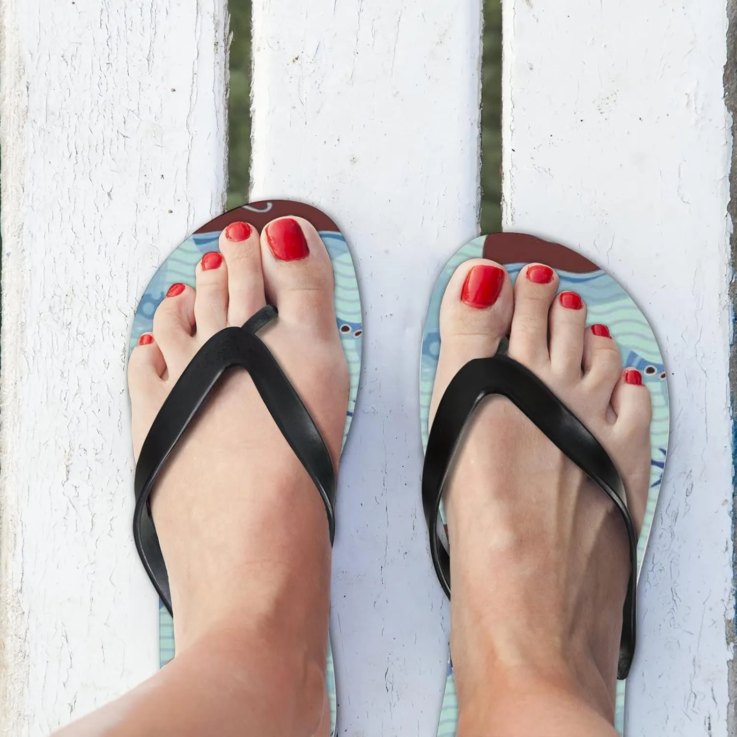 Flip Flops Fish Ocean Sea World Striped Modern Cute Blue Coral Slide Sandals Summer Beach Slippers Thong Sandal Casual Yoga Mat Flat Slides for Women Men