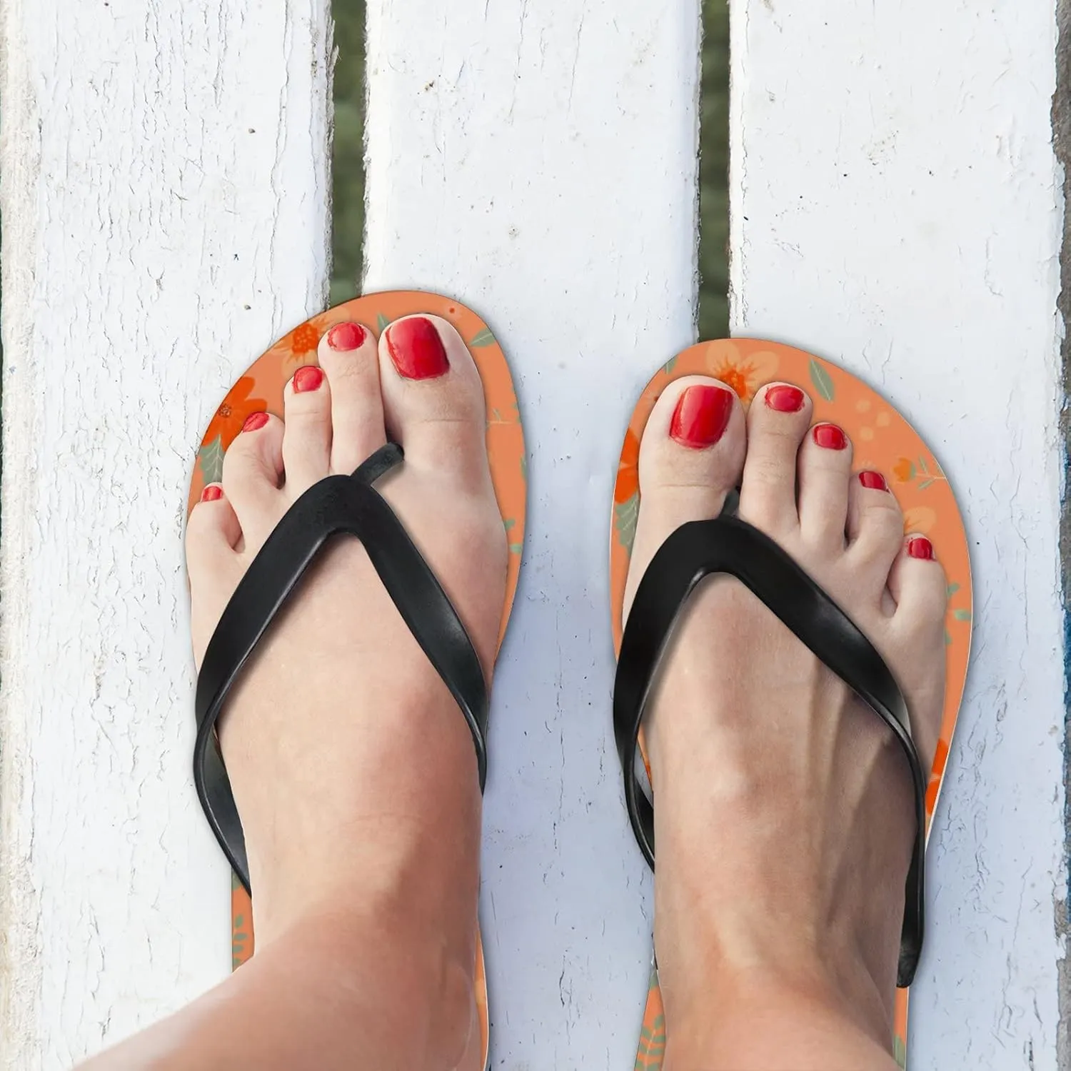 Flip Flops Floral Flowers Leaves Orange Green Slide Sandals Summer Beach Slippers Thong Sandal Casual Yoga Mat Flat Slides for Women Men