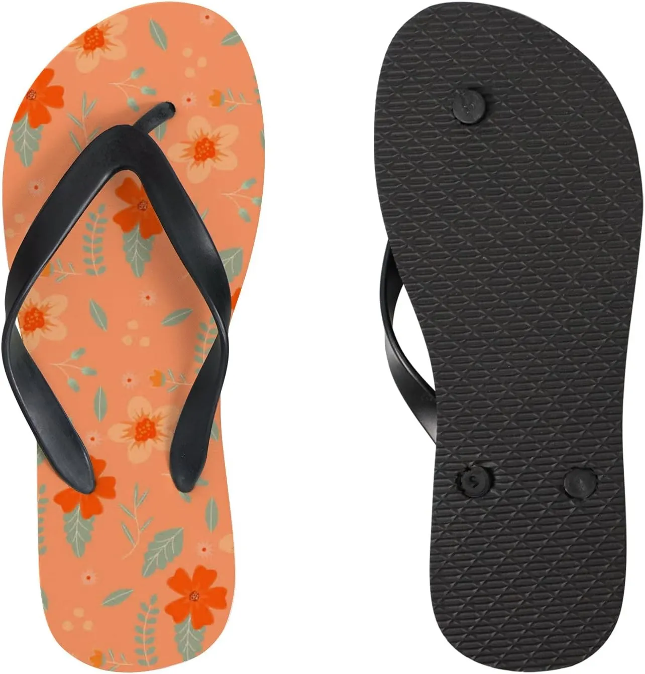 Flip Flops Floral Flowers Leaves Orange Green Slide Sandals Summer Beach Slippers Thong Sandal Casual Yoga Mat Flat Slides for Women Men