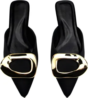 Floerns Women's Metal Buckle Pointed Toe Backless Flat Mules Slip on Mule Shoes
