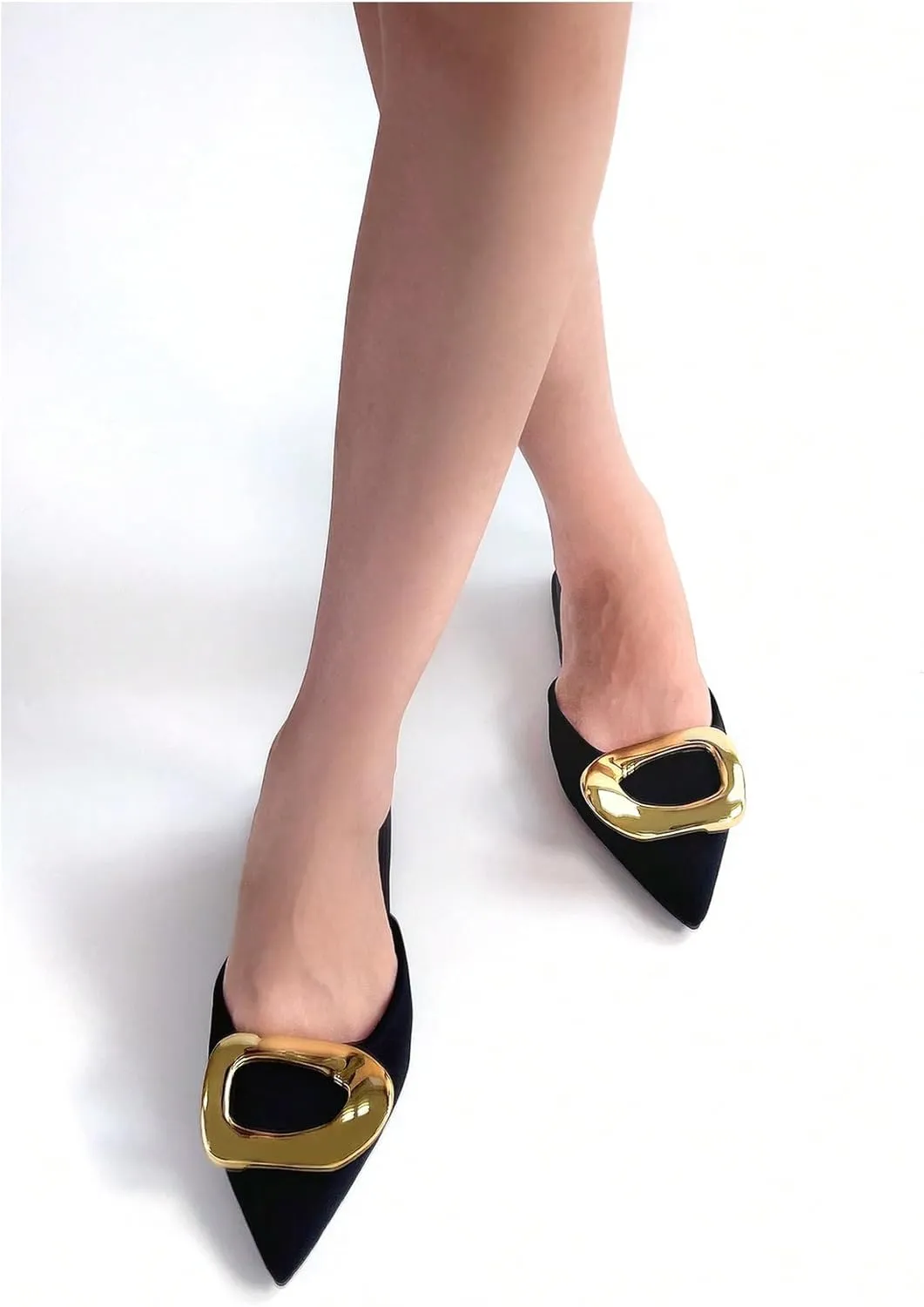 Floerns Women's Metal Buckle Pointed Toe Backless Flat Mules Slip on Mule Shoes