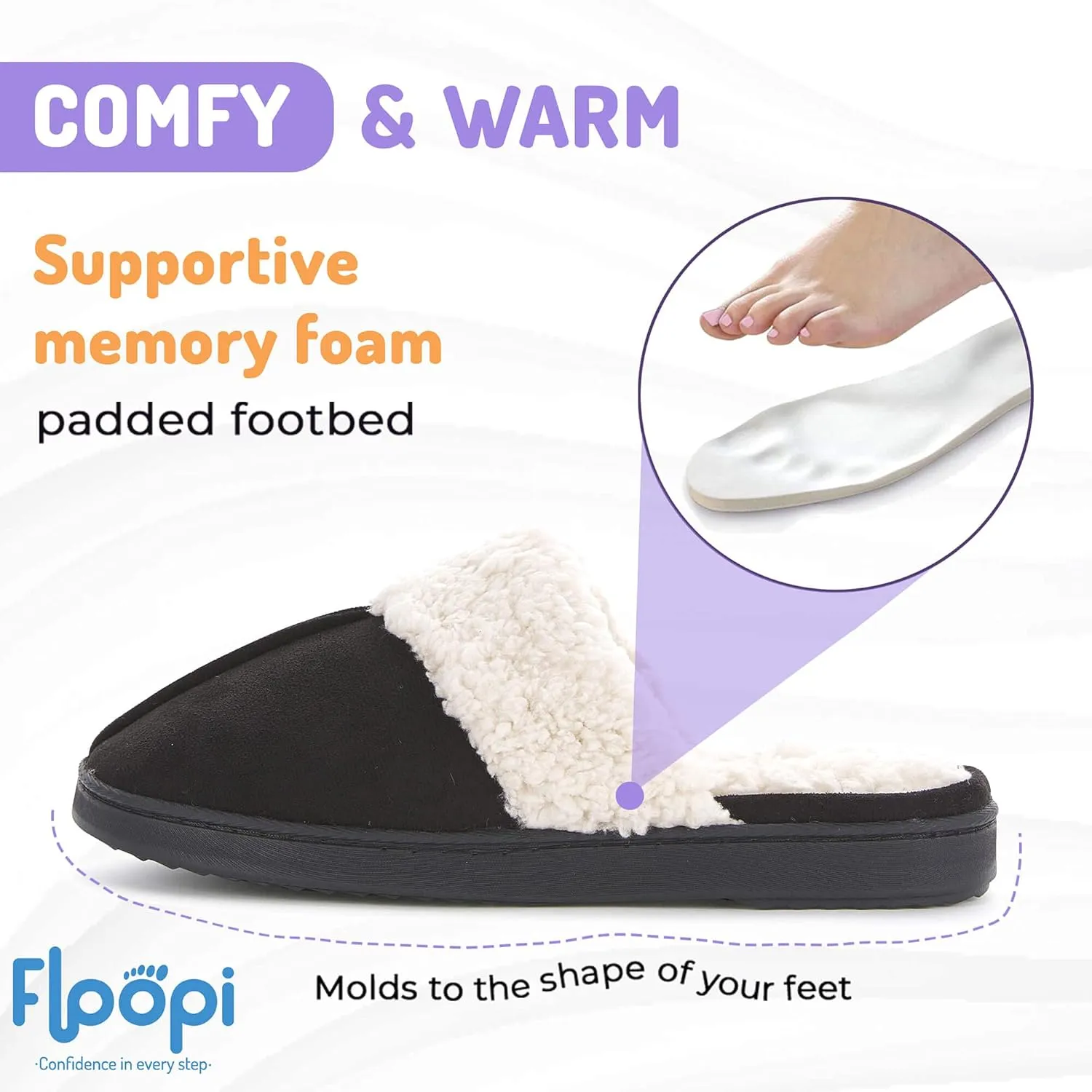 Floopi Womens Indoor Outdoor Soft Felt Fuax Fur Lined Open Back Slipper W/Memory Foam