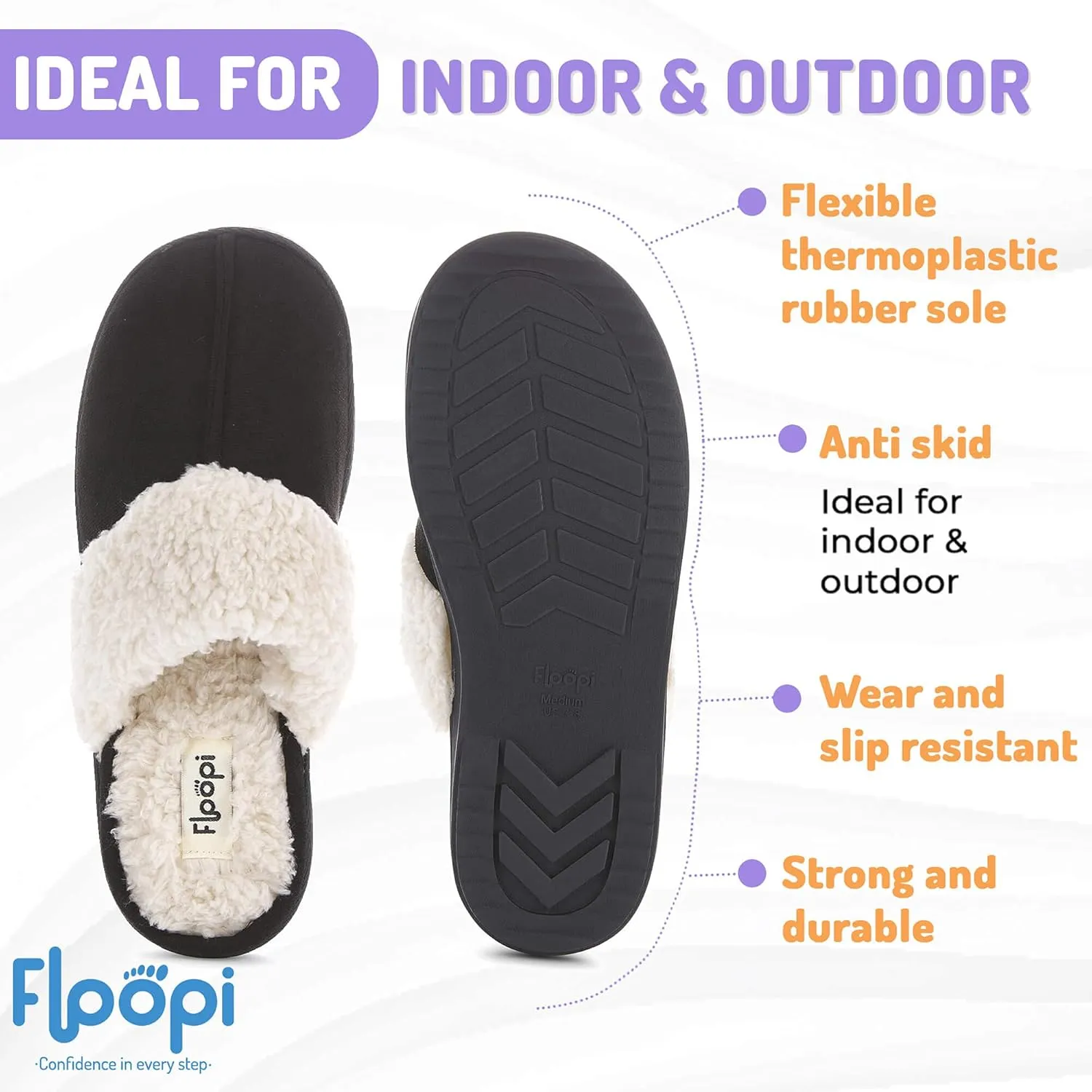 Floopi Womens Indoor Outdoor Soft Felt Fuax Fur Lined Open Back Slipper W/Memory Foam