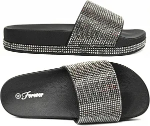 Forever Link Viste-07 Rhinestone Glitter Slide Slip On Flatform Footbed Sandal Slippers (7, Black-07)