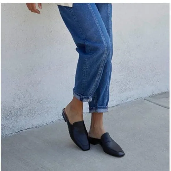 FOWT Black Luxury Leather Mule Square Toe Loafer Chunky Heel Backless Mule