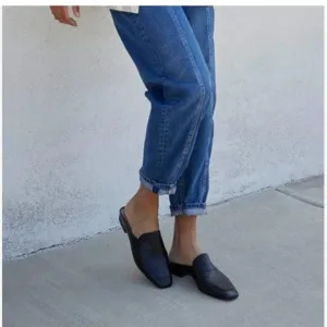 FOWT Black Luxury Leather Mule Square Toe Loafer Chunky Heel Backless Mule