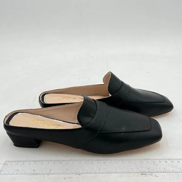 FOWT Black Luxury Leather Mule Square Toe Loafer Chunky Heel Backless Mule