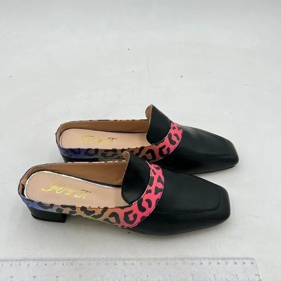 FOWT Black Luxury Leather Mule Square Toe Loafer Chunky Heel Mule Sandal