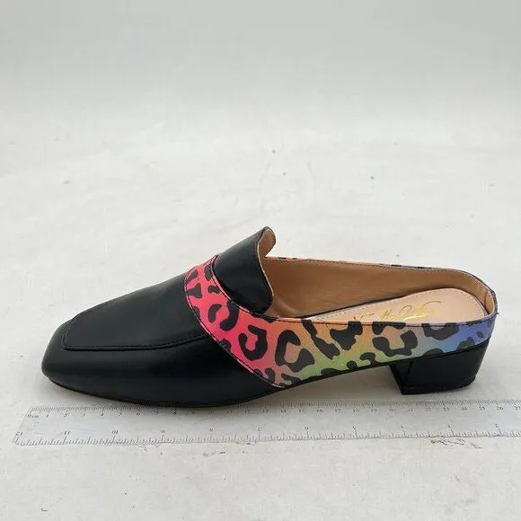 FOWT Black Luxury Leather Mule Square Toe Loafer Chunky Heel Mule Sandal