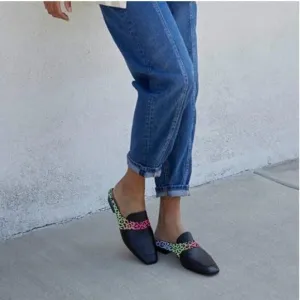 FOWT Black Luxury Leather Mule Square Toe Loafer Chunky Heel Mule Sandal