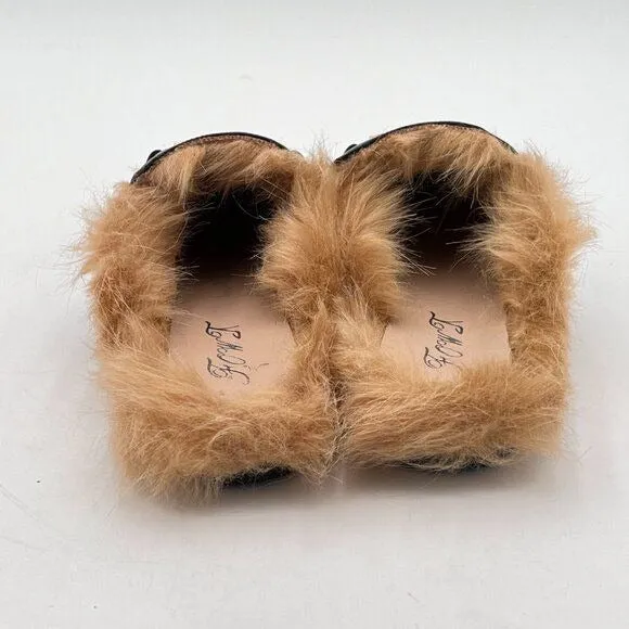 FOWT Black Mules for Women Fluffy Fur Buckle Mule Shoes Backless Loafers Leather