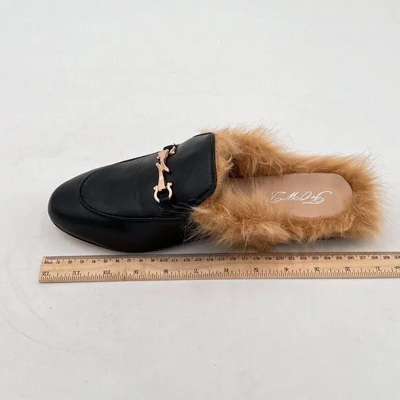 FOWT Black Mules for Women Fluffy Fur Buckle Mule Shoes Backless Loafers Leather