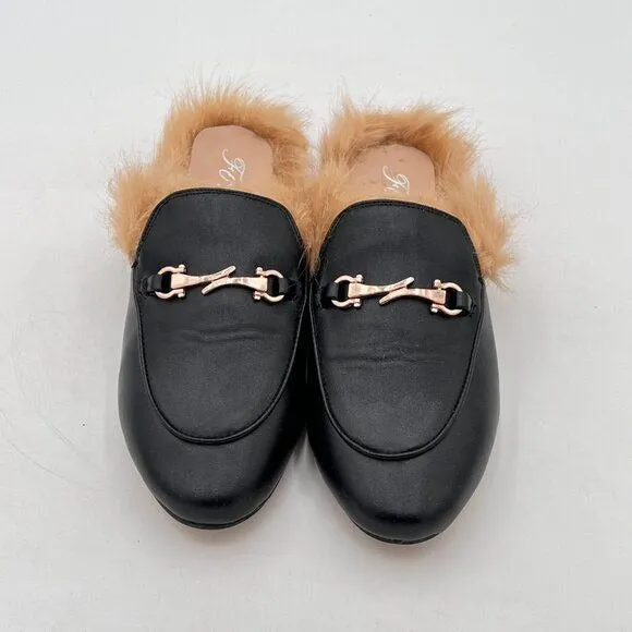 FOWT Black Mules for Women Fluffy Fur Buckle Mule Shoes Backless Loafers Leather
