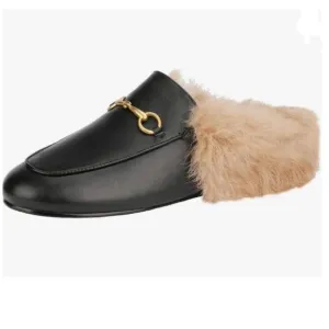 FOWT Black Mules for Women Fluffy Fur Buckle Mule Shoes Backless Loafers Leather