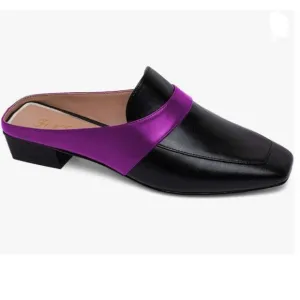 FOWT Black Purple Square Toe Loafer Chunky Heel Mule Sandal Walking Shoes