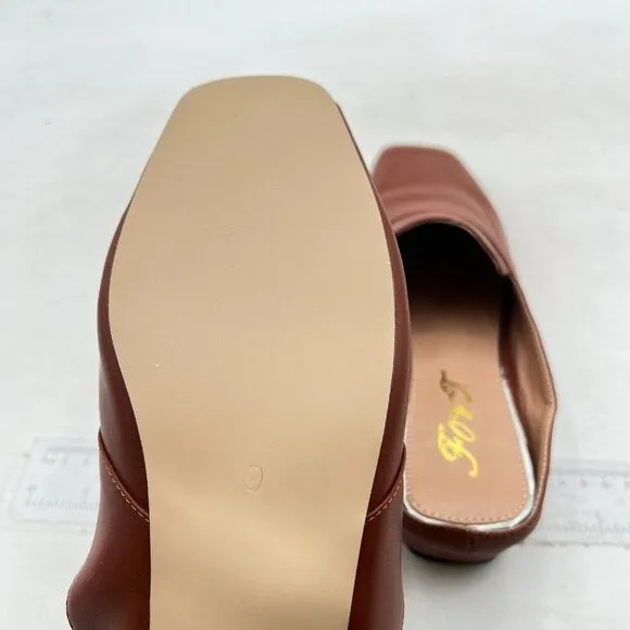 FOWT Brown Square Toe Loafer Chunky Heel Backless Mule Sandal Lightweight Shoes