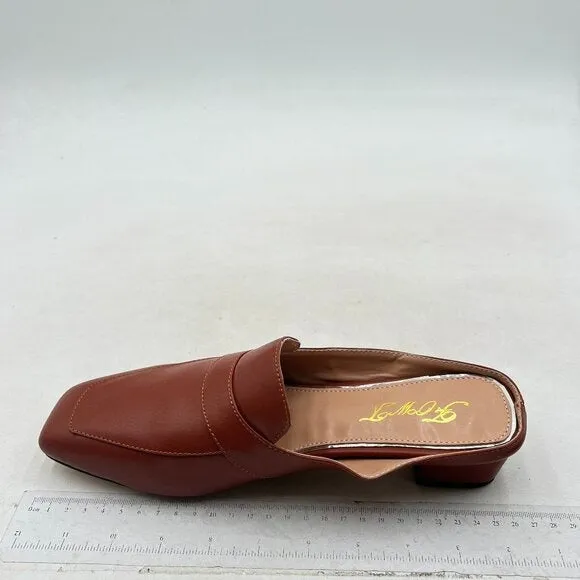 FOWT Brown Square Toe Loafer Chunky Heel Backless Mule Sandal Lightweight Shoes