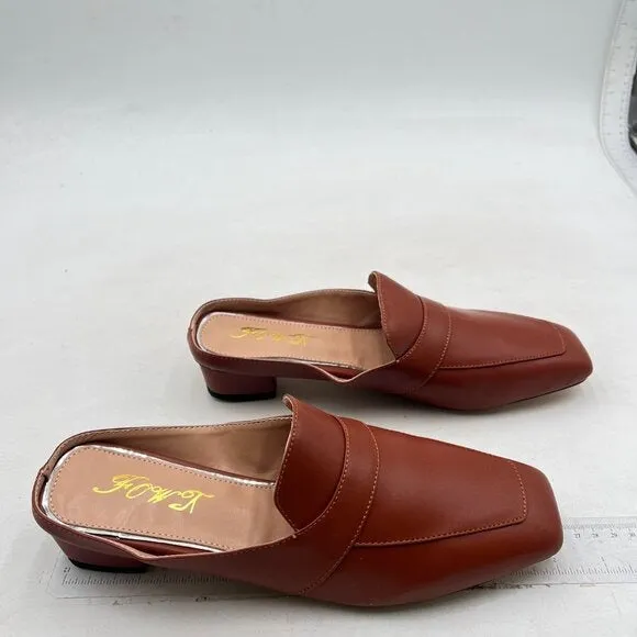 FOWT Brown Square Toe Loafer Chunky Heel Backless Mule Sandal Lightweight Shoes