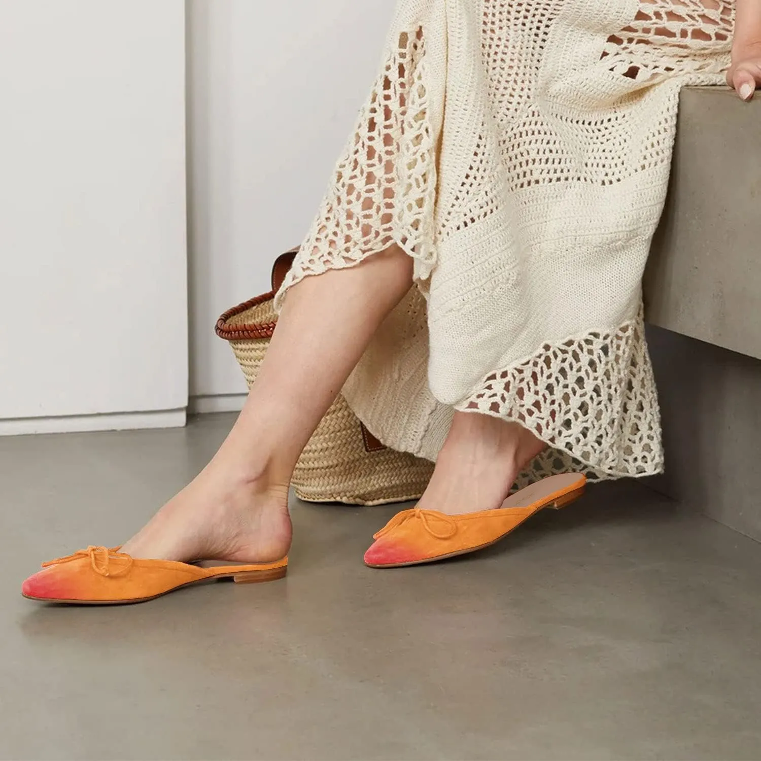 FOWT Women Low Heel Closed Almond Toe Slingback Mules,Two Toned Bow Knot Suede Slippers,Slip on Leisure Ladies Flats for Indoor Dating and Vacation,4-16 US Size