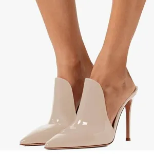 FSJ Beige Pointed Toe Slide Mule Sandal Slippers Stiletto High Heels Loafers